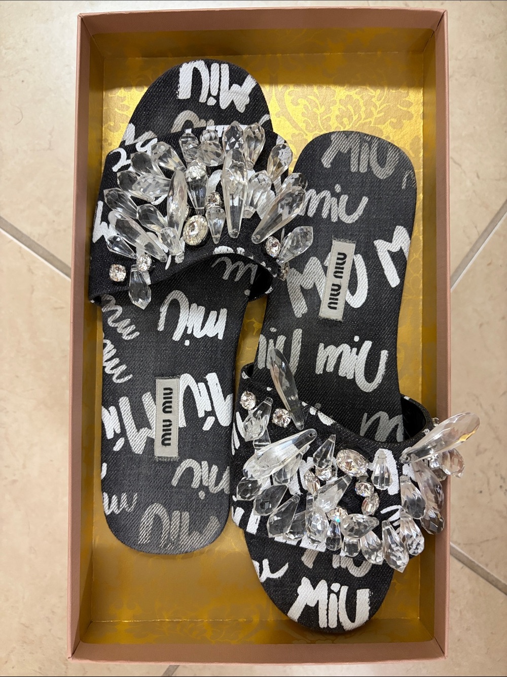 Miu Miu Black Slide Sandals with Clear Crystal Embellishments
